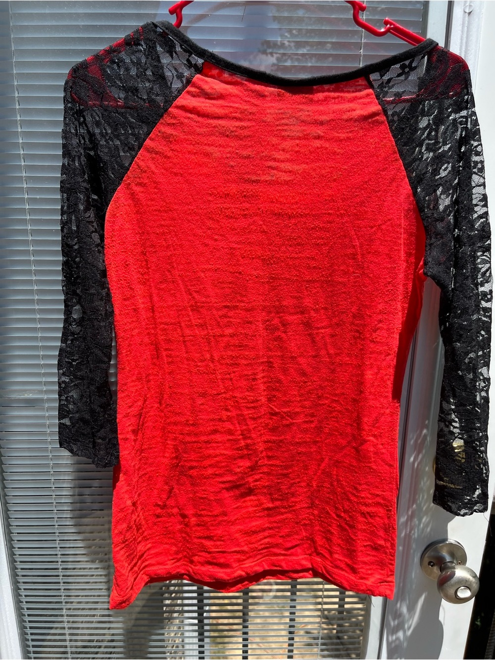Daytrip Orange Top with Black Lace Raglan Sleeves - Picture 2 of 5